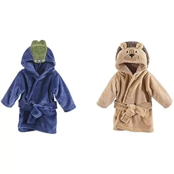 Hudson Baby Boy Plush Animal Face Bathrobe 2-Pack, Blue Plaid Aztec