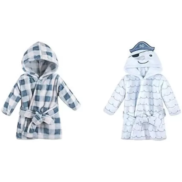 Hudson Baby Boy Plush Animal Face Bathrobe 2-Pack, Blue Plaid Aztec