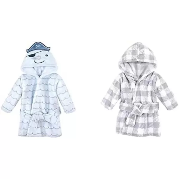 Hudson Baby Boy Plush Animal Face Bathrobe 2-Pack, Blue Plaid Aztec