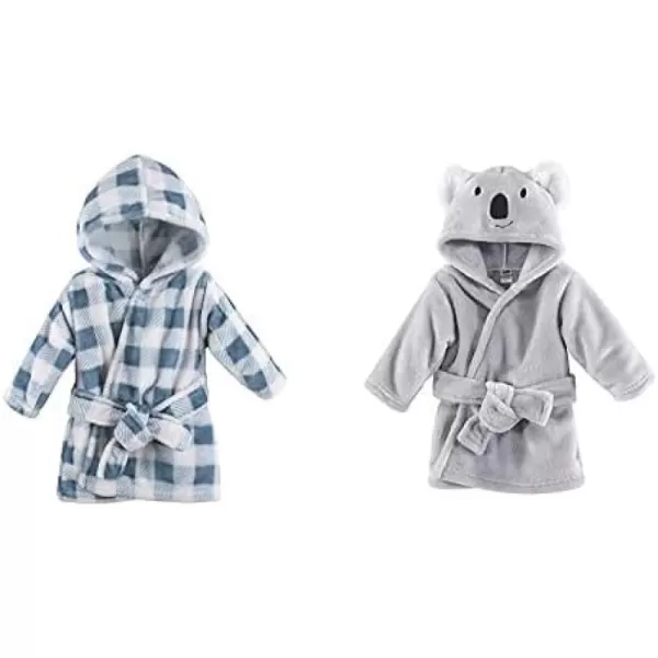 Hudson Baby Boy Plush Animal Face Bathrobe 2-Pack, Blue Plaid Aztec