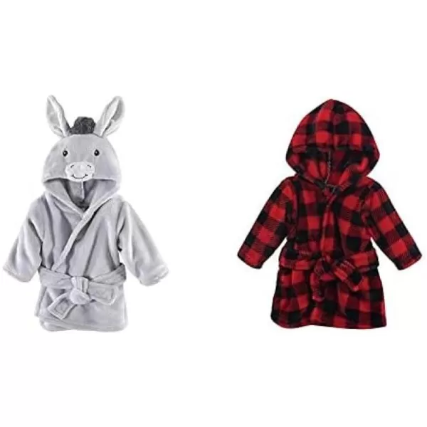 Hudson Baby Boy Plush Animal Face Bathrobe 2-Pack, Blue Plaid Aztec