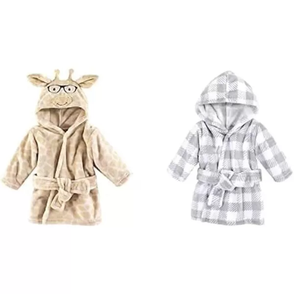 Hudson Baby Boy Plush Animal Face Bathrobe 2-Pack, Blue Plaid Aztec
