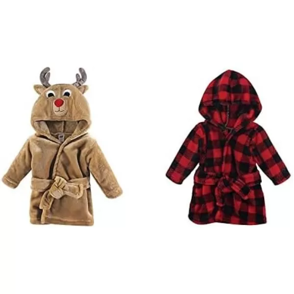 Hudson Baby Boy Plush Animal Face Bathrobe 2-Pack, Blue Plaid Aztec