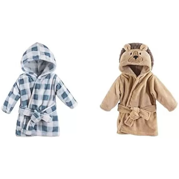Hudson Baby Boy Plush Animal Face Bathrobe 2-Pack, Blue Plaid Aztec