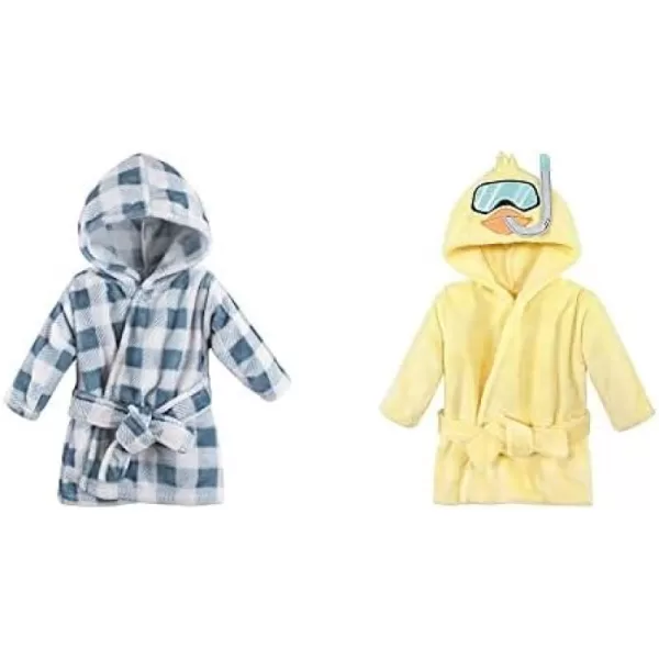 Hudson Baby Boy Plush Animal Face Bathrobe 2-Pack, Blue Plaid Aztec