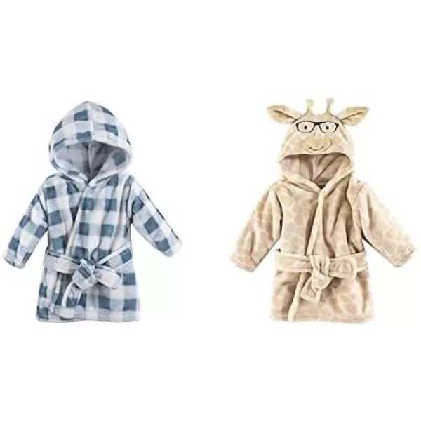 Hudson Baby Boy Plush Animal Face Bathrobe 2-Pack, Blue Plaid Aztec