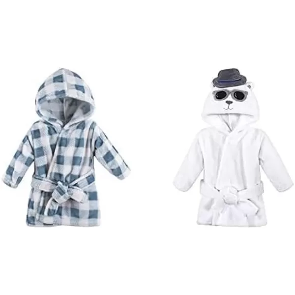 Hudson Baby Boy Plush Animal Face Bathrobe 2-Pack, Blue Plaid Aztec