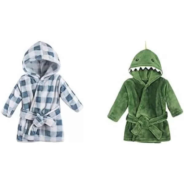 Hudson Baby Boy Plush Animal Face Bathrobe 2-Pack, Blue Plaid Aztec