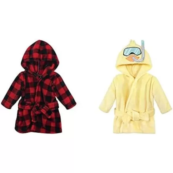 Hudson Baby Boy Plush Animal Face Bathrobe 2-Pack, Blue Plaid Aztec