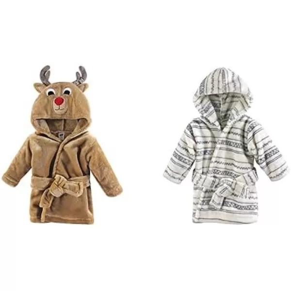 Hudson Baby Boy Plush Animal Face Bathrobe 2-Pack, Blue Plaid Aztec