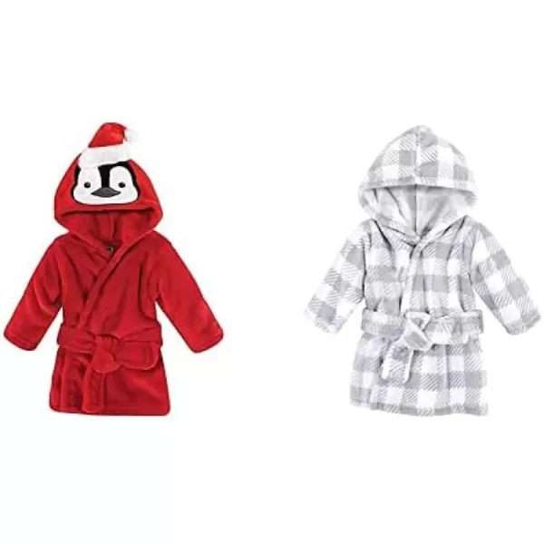 Hudson Baby Boy Plush Animal Face Bathrobe 2-Pack, Blue Plaid Aztec