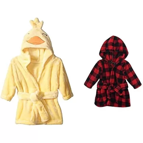 Hudson Baby Boy Plush Animal Face Bathrobe 2-Pack, Blue Plaid Aztec