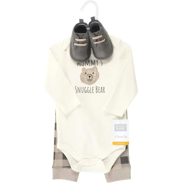 Hudson Baby Unisex Baby Unisex Baby Cotton Bodysuit, Pant and Shoe Set, Snuggle Bear, 6-9 Months