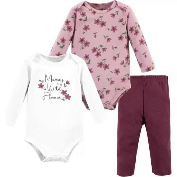 Hudson Baby baby-girls Unisex Baby Cotton Bodysuit and Pant Set, Plum Wildflower, 0-3 Months