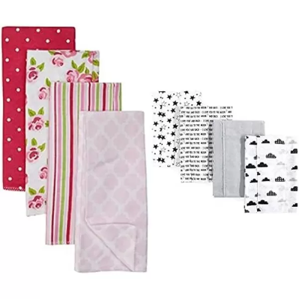 Hudson Baby Girl Cotton Flannel Burp Cloth 8-Pack, Peacock Feather Butterflies