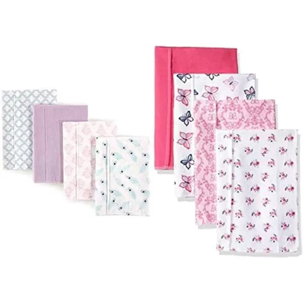 Hudson Baby Girl Cotton Flannel Burp Cloth 8-Pack, Peacock Feather Butterflies