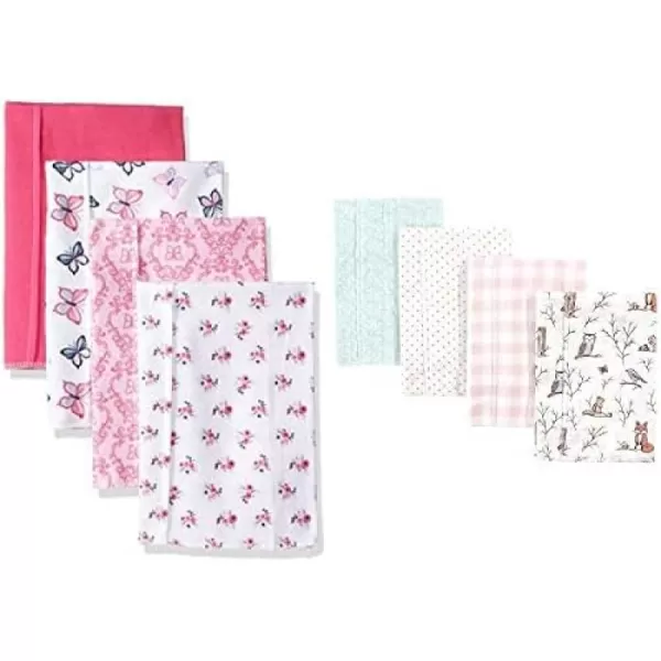 Hudson Baby Girl Cotton Flannel Burp Cloth 8-Pack, Peacock Feather Butterflies