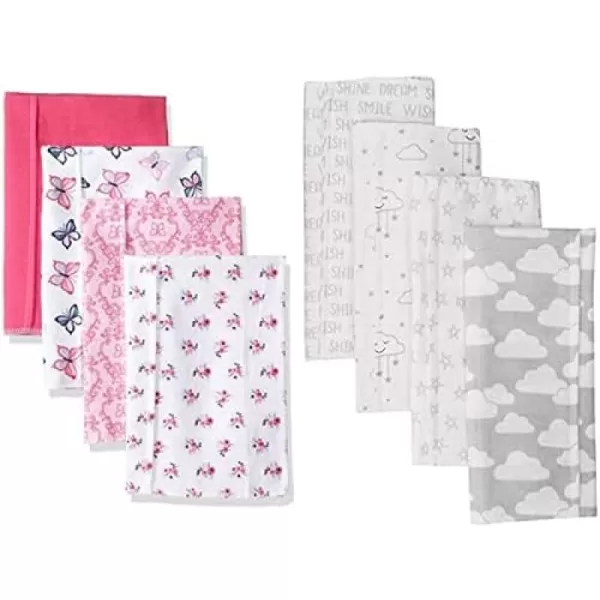 Hudson Baby Girl Cotton Flannel Burp Cloth 8-Pack, Peacock Feather Butterflies