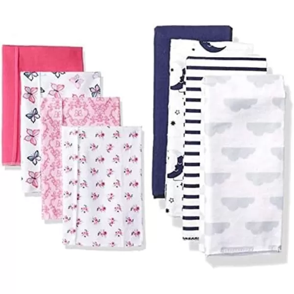 Hudson Baby Girl Cotton Flannel Burp Cloth 8-Pack, Peacock Feather Butterflies
