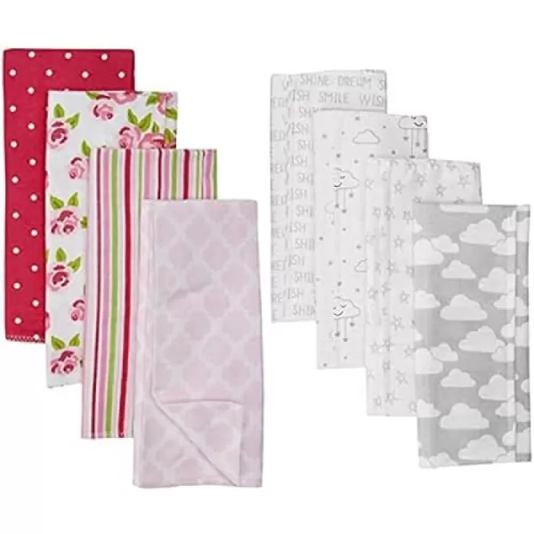 Hudson Baby Girl Cotton Flannel Burp Cloth 8-Pack, Peacock Feather Butterflies