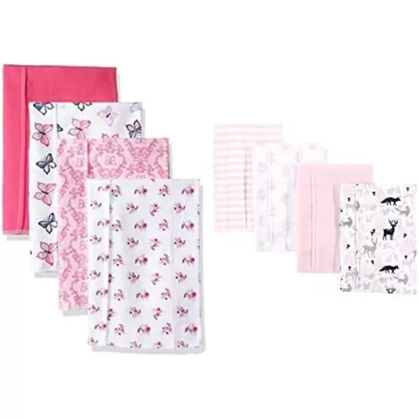 Hudson Baby Girl Cotton Flannel Burp Cloth 8-Pack, Peacock Feather Butterflies