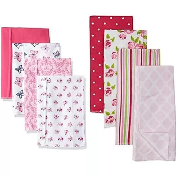 Hudson Baby Girl Cotton Flannel Burp Cloth 8-Pack, Peacock Feather Butterflies