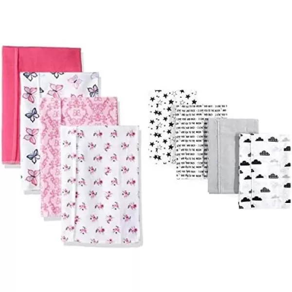 Hudson Baby Girl Cotton Flannel Burp Cloth 8-Pack, Peacock Feather Butterflies