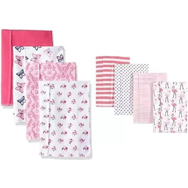 Hudson Baby Girl Cotton Flannel Burp Cloth 8-Pack, Peacock Feather Butterflies