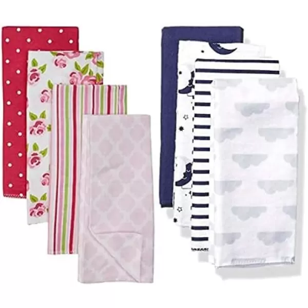 Hudson Baby Girl Cotton Flannel Burp Cloth 8-Pack, Peacock Feather Butterflies