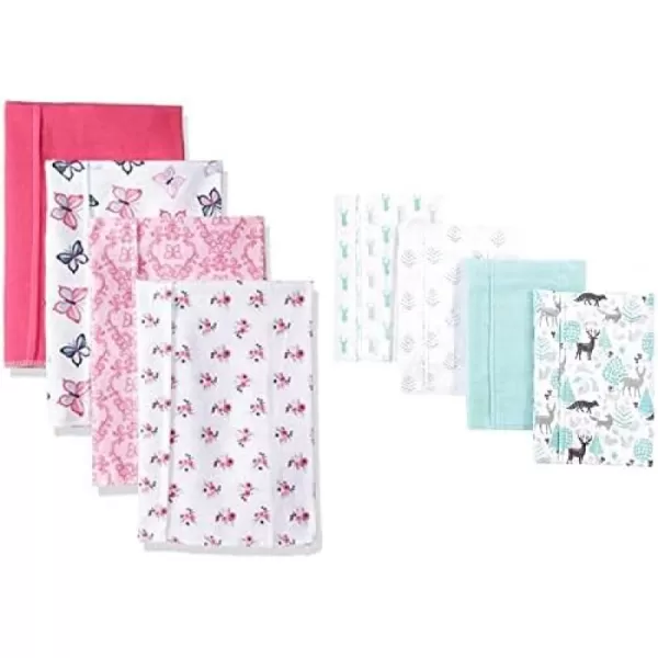 Hudson Baby Girl Cotton Flannel Burp Cloth 8-Pack, Peacock Feather Butterflies