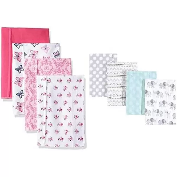 Hudson Baby Girl Cotton Flannel Burp Cloth 8-Pack, Peacock Feather Butterflies