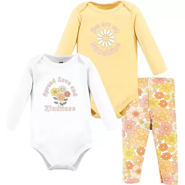 Hudson Baby baby-girls Unisex Baby Cotton Bodysuit and Pant Set, Peace Love Flowers, Newborn