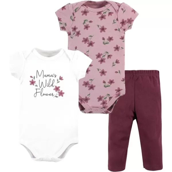Hudson Baby baby-girls Unisex Baby Cotton Bodysuit and Pant Set, Plum Wildflower, 9-12 Months