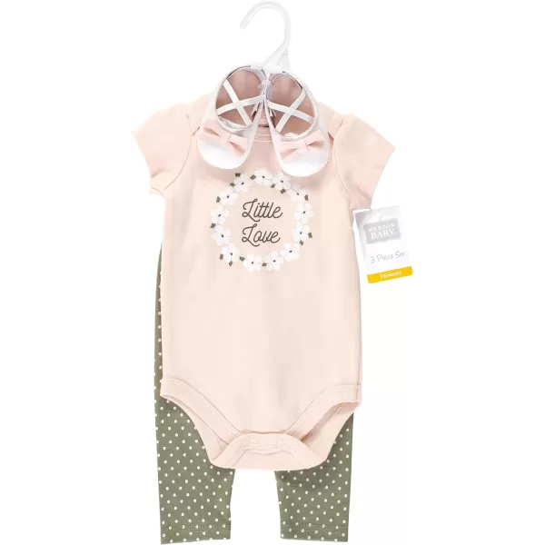 Hudson Baby Unisex Baby Unisex Baby Cotton Bodysuit, Pant and Shoe Set, Sage Floral Wreath, Newborn