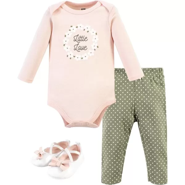 Hudson Baby Unisex Baby Unisex Baby Cotton Bodysuit, Pant and Shoe Set, Sage Floral Wreath, Newborn