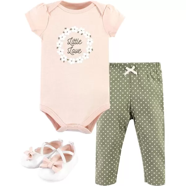 Hudson Baby Unisex Baby Unisex Baby Cotton Bodysuit, Pant and Shoe Set, Sage Floral Wreath, Newborn