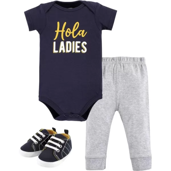 Hudson Baby Unisex Baby Unisex Baby Cotton Bodysuit, Pant and Shoe Set, Hola Ladies, 12-18 Months