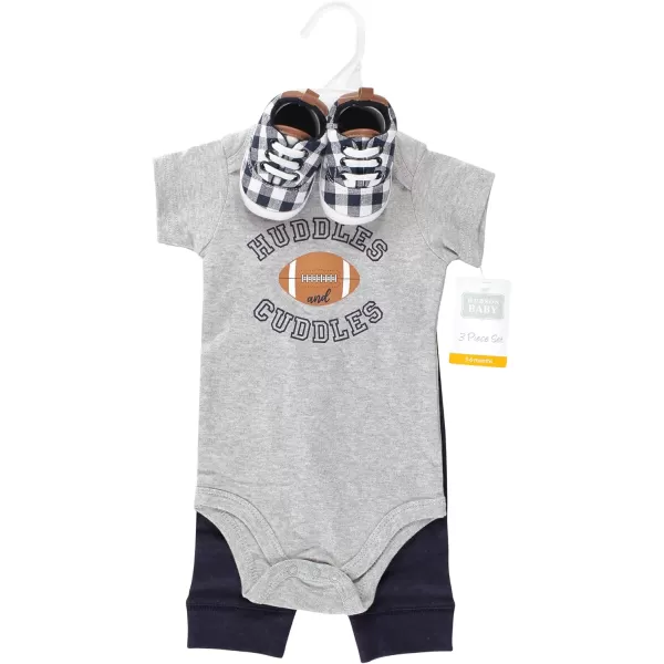 Hudson Baby Unisex Baby Unisex Baby Cotton Bodysuit, Pant and Shoe Set, Football Huddles, 9-12 Months