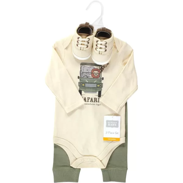 Hudson Baby Unisex Baby Unisex Baby Cotton Bodysuit, Pant and Shoe Set, Going on Safari, 6-9 Months