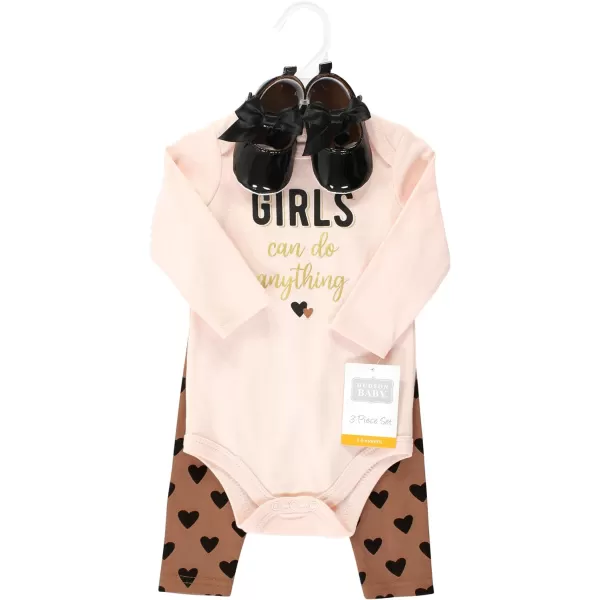 Hudson Baby Unisex Baby Unisex Baby Cotton Bodysuit, Pant and Shoe Set, Cinnamon Hearts, 0-3 Months