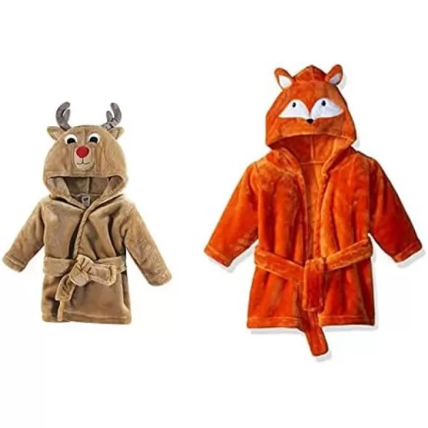 Hudson Baby Boy Plush Animal Face Bathrobe 2-Pack, Fox Giraffe