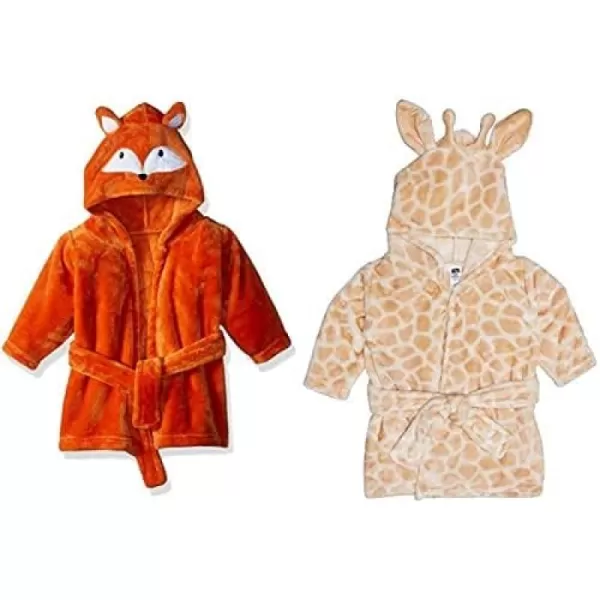 Hudson Baby Boy Plush Animal Face Bathrobe 2-Pack, Fox Giraffe