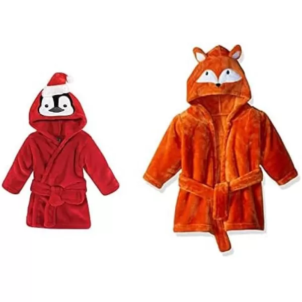 Hudson Baby Boy Plush Animal Face Bathrobe 2-Pack, Fox Giraffe