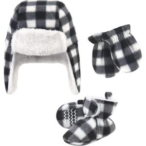 imageHudson Baby Girls Trapper Hat Mitten and Bootie SetBlack White Plaid