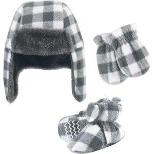 imageHudson Baby Girls Trapper Hat Mitten and Bootie SetCharcoal White Plaid