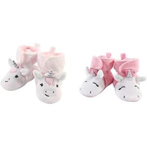 imageHudson Baby Cozy Fleece Booties 2PackSilver White UnicornPink Rainbow Unicorn