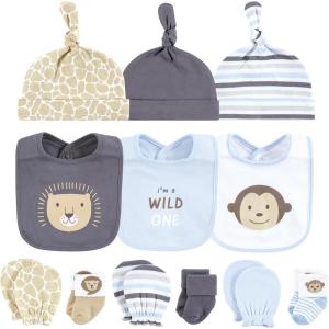 imageHudson Baby Unisex Baby Caps or Headbands Bibs Mittens and Socks 12pc SetSafari