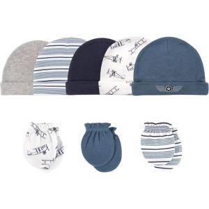 imageHudson Baby Unisex Baby Cotton Cap and Scratch Mitten SetAviation