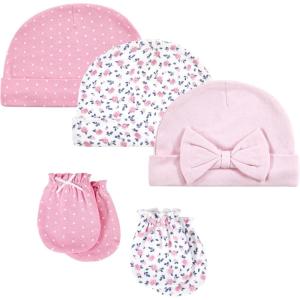 imageHudson Baby Unisex Baby Cotton Cap and Scratch Mitten SetBlue Pink Floral 5pack