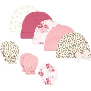 imageHudson Baby Unisex Baby Cotton Cap and Scratch Mitten SetBlush Rose Leopard